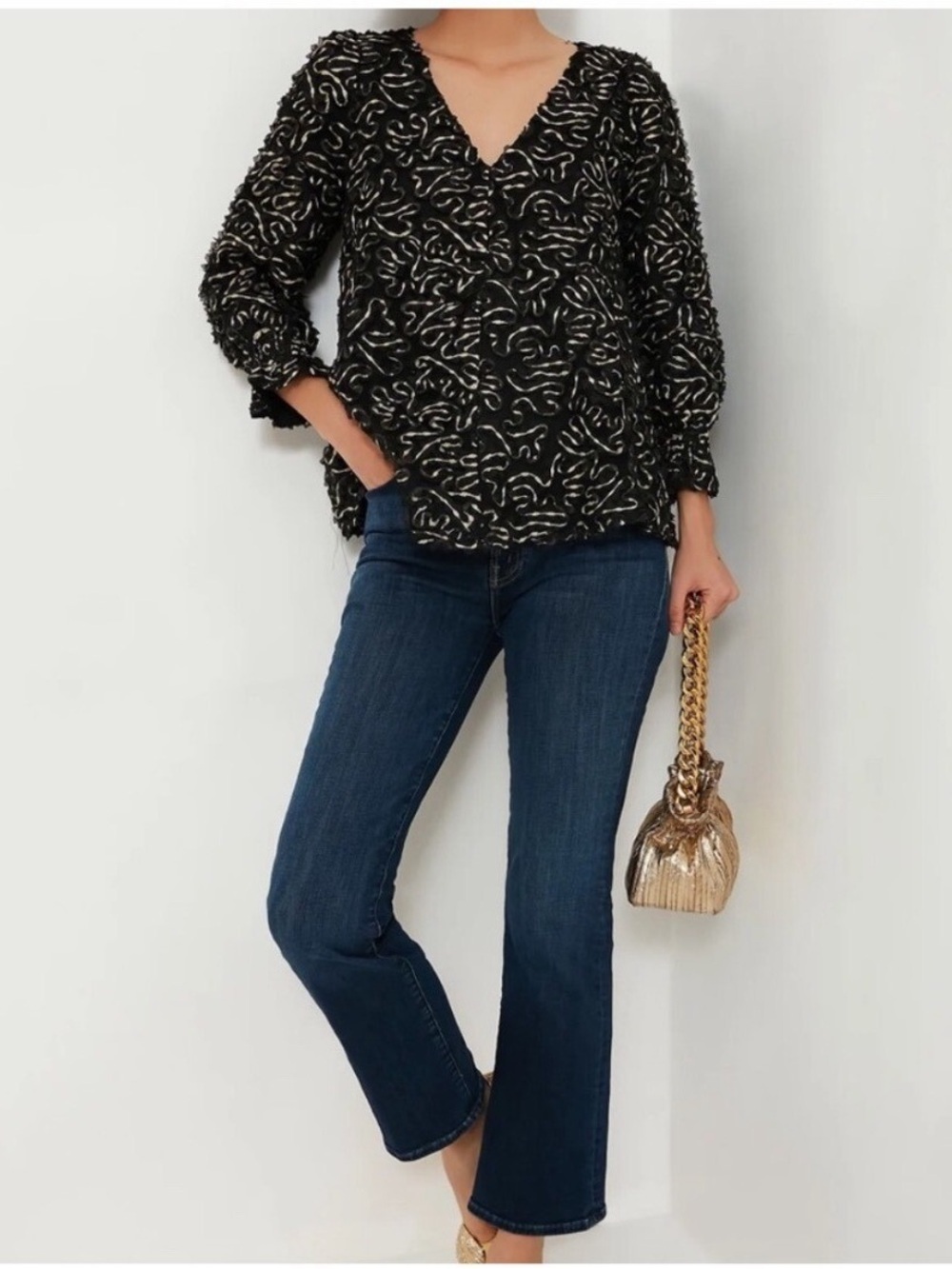 Tuckernuck Black Gold Textured Peplum Blouse Puff Sleeve Top NWT Large - Picture 10 of 10